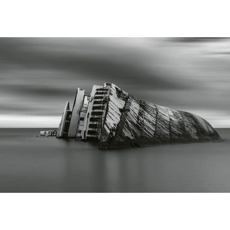 Papier peint panoramique gris & blanc épave bateau | Tapisserie panoramique maritime 3D salon | Papier peint panoramique salle de bain - 384 X 260 cm (8 pièces) (1/2)