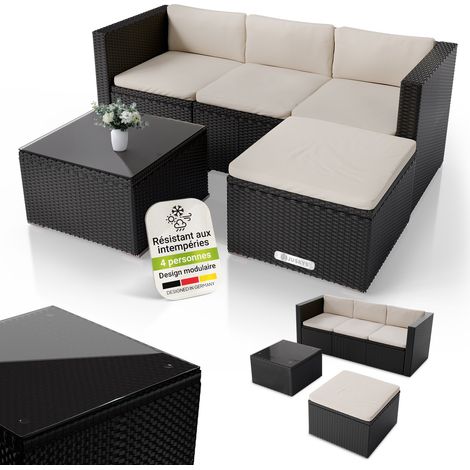 Juskys Lounge en polyrattan Punta Cana M – Ensemble pour 3-4 personnes – Noir / Crème – Mobilier de jardin / Salon de jardin avec canapé, table et ottoman