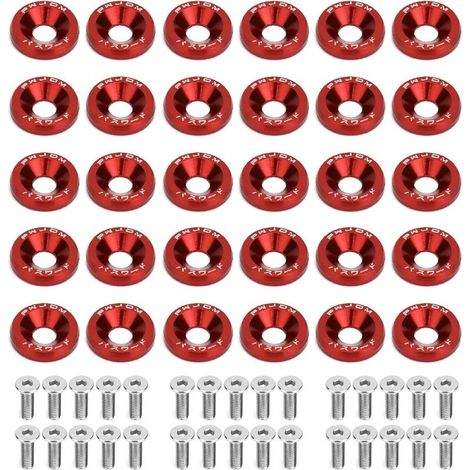 30 Paar M6 eloxierte Aluminium-Unterlegscheiben und M620mm Edelstahlschrauben, eloxierte Aluminium-Verkleidungsscheiben, Stoßstangenscheiben für Autostoßstangen und Kotflügel (Rot)