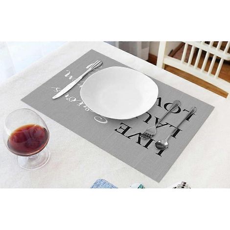 Ensemble de 4 sets de table Flourish « Vivre sérieusement, rire souvent, aimer profondément » en coton et lin gris, antidérapants et lavables, 30 x 45 cm. (1/2)