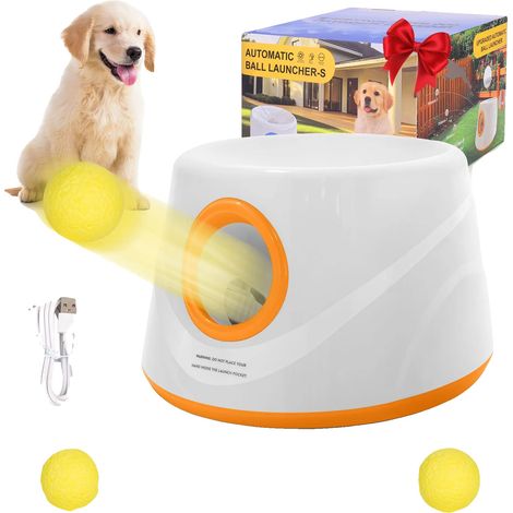 Lanzador automático de pelotas para perros, juego interactivo, diseño duradero, color naranja, 5 pelotas. (1/2)