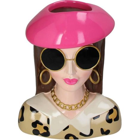 Vase Décoratif Tête de Femme avec Chapeau et Lunettes en Polyrésine Multicolore 29 cm - PANGIVO (1/4)