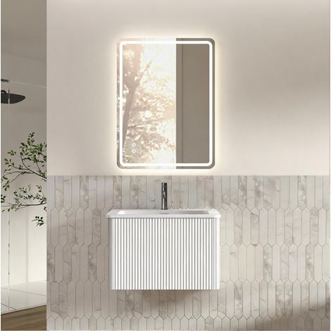 Juego de mueble de baño con espejo LED, lavabo integrado, diseño flotante, blanco (1/5)