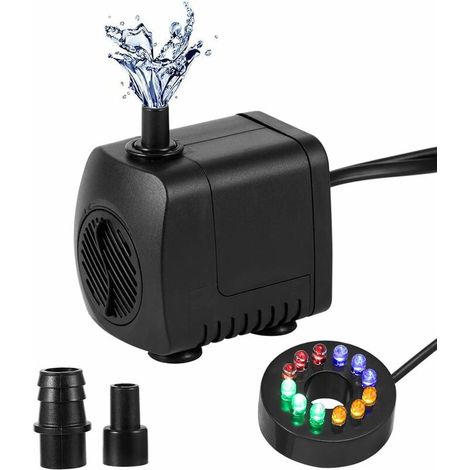 Silent Fountain Pump Adjustable Water Flow Submersible Pump with 12 Color LED Lights for Aquarium Fountain Hydroponic Tank and Backyard (700L/H, 15W)