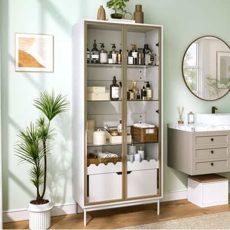 Armadio alto con anta in vetro, ripiani regolabili, cassetto, decoro ondulato, MDF, bianco oro (1/5)