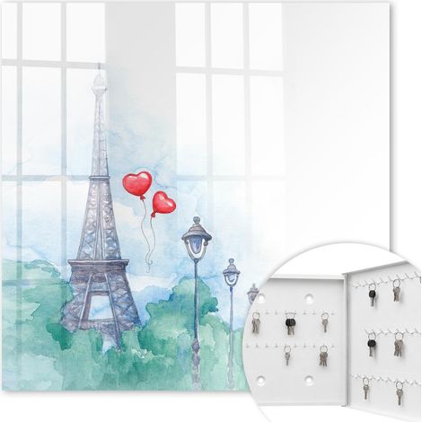 Armoire à clés - (30 cm x 30 cm) - Boîte à clés murale - Coffret de rangement pour clés - Couleur blanche - Ouverture vers la droite - Pour maison et bureau - Paysages parisiens (1/5)