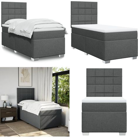 Giroletto a Molle con Materasso Grigio Scuro 90x200 cm Tessuto - Materasso a molle insacchettate - Testiera regolabile