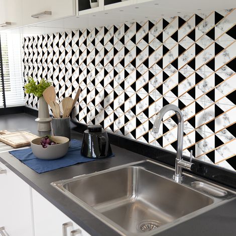 Sticker Mural Carrelage adhésif Cuisine Salle de Bain - 24 STICKERS CARREAUX DE CIMENT EFFET MARBRE NOIR ET BLANC DORÉS - 24stickers10x10cm (1/5)