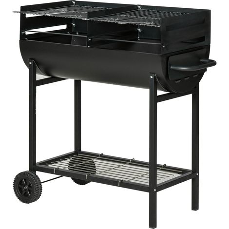 Barbecue en acier avec 2 grilles indépendantes, 2 roues et étagère inférieure Noir 90 cm x 45 cm x 96 cm