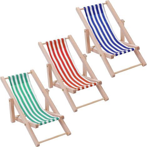 Set of 3 Mini Folding Wooden Beach Chairs for Dollhouse - Indoor and Outdoor Accessories (1/5)