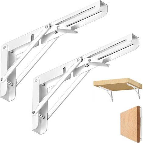 RHG 2 Pièces Equerre Pliante, 200mm Équerre Pliable, Acier Inoxydable Equerre Etagère Pliante, Blanc Equerre Tablette pour Établis pour Gagner de La Place Dans La Maison (1/5)