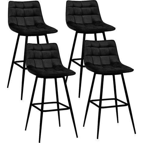 Idmarket – Lot de 4 tabourets de bar en velours noir – Hauteur d'assise 65 cm – Pieds en métal noir mat – Profondeur d'assise 35 cm