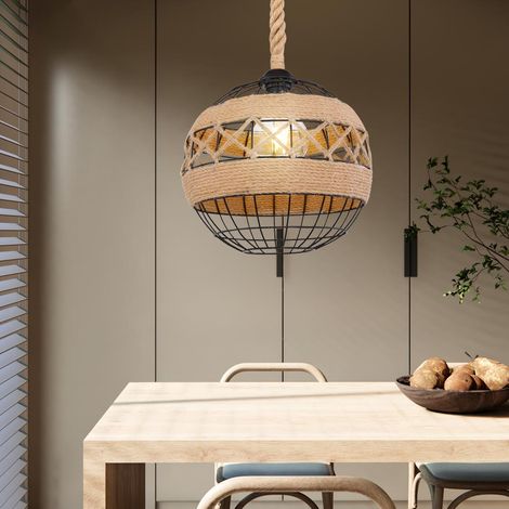 Lampe suspension rétro suspension corde de chanvre Lampe de table à manger Boho, treillis métallique noir, 1x E27, DxH 30 x 120 cm (1/5)