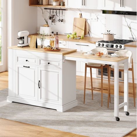 Isla de cocina con ruedas extensible 112-180 x 45 x 92 cm blanco y natural OKMYHOME (1/5)