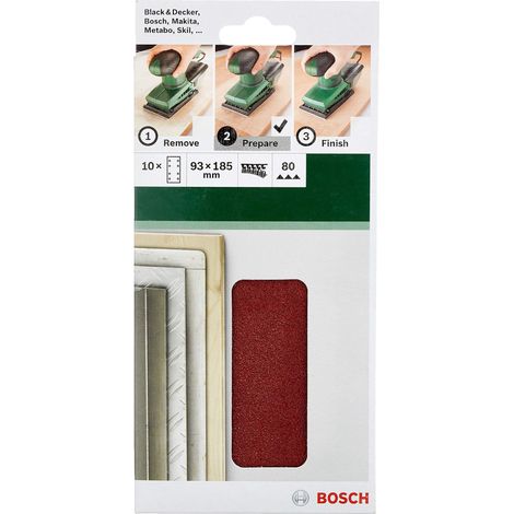 Accessories 2609256A82 Feuilles abrasives pour Ponceuses vibrantes 93 x 185 Nombre de trous 8 Grain 80 Lot de 10 feuilles (1/4)