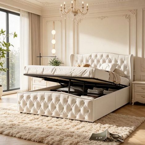 Letto 140x190 con rete a doghe, velluto bianco sporco, testata imbottita con chiodi, 2 posti (1/5)