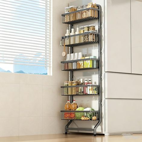 Étagère de rangement coulissante mince à 5 niveaux pour réfrigérateur, sans perçage, noire (1/2)