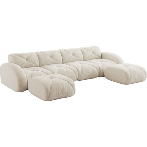 Divano modulare a U 4 posti in ciniglia beige chiaro con 2 pouf, senza montaggio (1/5)