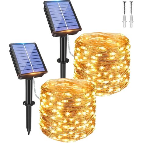 2 pièces Guirlande lumineuse solaire d'extérieur, Guirlande lumineuse solaire en fil de cuivre 20m 200 LED, 8 modes Guirlande lumineuse solaire étanche pour jardin, balcon, sapin de Noël (1/5)