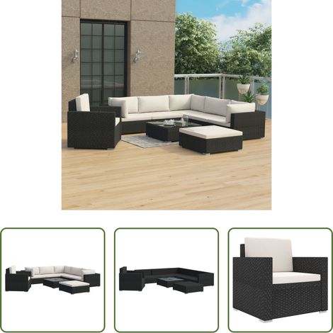 Rotin -  Salon de jardin 8 pcs avec coussins résine tressée noir (1/5)