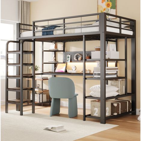 REDOM Letto a soppalco 205.4x94.5x172.5 cm, con scrivania, LED e prese integrate, ripiani, metallo e legno nero (1/5)