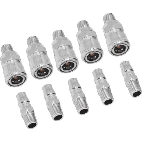 Jeu de 5 raccords pneumatiques rapides en acier inoxydable nickelé, coupleur et fiche 1/4 mâle (SM+PM-20), connectique à connexion instantanée pour compresseur d'air. (1/5)