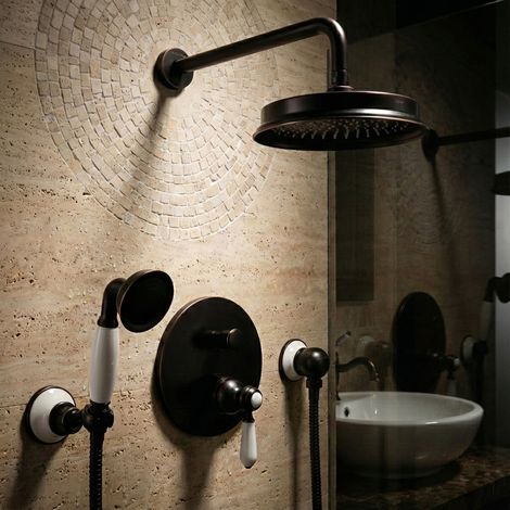 PaulGurkes Ensemble de douche rétro noir encastré avec douche pluie (1/5)