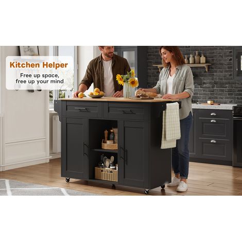 145 x 45 x 94,5 cm. Table de cuisine mobile et multifonctionnelle, avec planche de travail réglable, étagères réglables, 5 roulettes. Compartiment pour ustensiles caché. (1/5)
