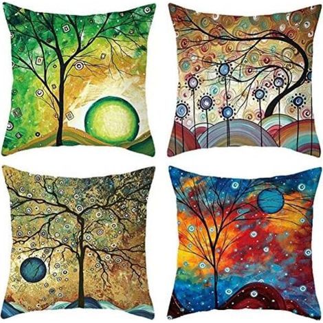45 x 45 cm Set of 4 Abstract Tree Oil Painting Cotton Linen Square Cushion Cover for Bed Car Home Sofa