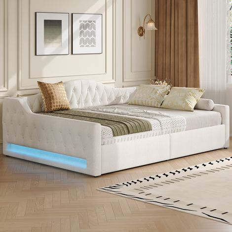 Lit de jour beige 140x200 cm avec rembourrage, ceinture lumineuse LED et rangement intégré en dessous