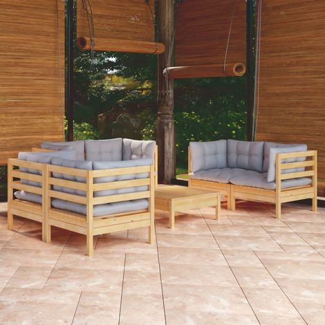 Set Divani da Giardino 7 pz con Cuscini Grigi Massello di Pino vidaXL (1/5)