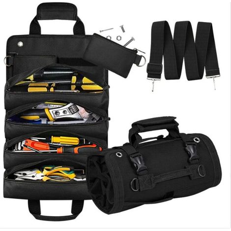 (Noir)Sac à Outils, Petite Boîte à Outils Enroulable, Organiseur à Outils Robuste, Avec 2 Pochettes à Outils Amovibles, Cadeau Approprié Pour Père, Mari, Petit Ami, Grand Père (1/5)