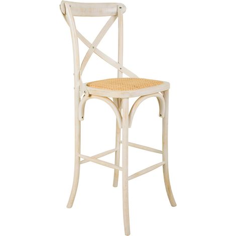 Taburete de madera y asiento de ratán blanco 45x53x75/116