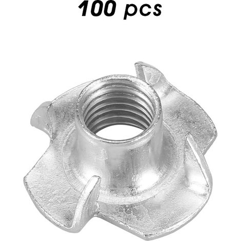 Lot de 100 écrous en T à quatre branches M810 en acier au carbone, inserts borgnes pour meubles en bois (1/5)