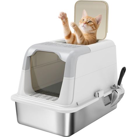 Maison de toilette pour chat bac à litière fermé bac en acier inoxydable, nettoyage facile, 60.4 x 40.4 x 41.8 cm, blanc (1/5)