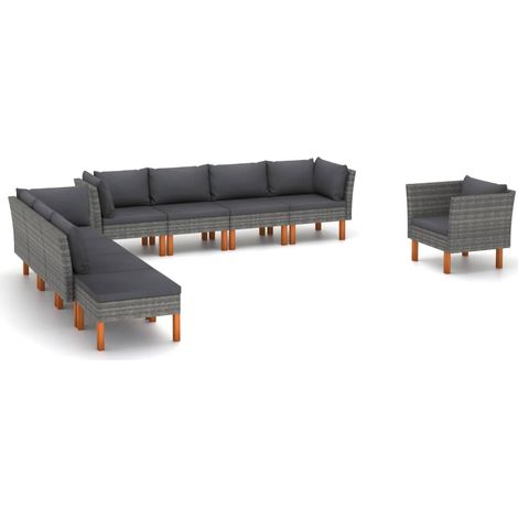 Salon de jardin 9 pcs Ensemble Table et Chaise de Jardin - Résine tressée et bois d'eucalyptus Gris BV109658 - BonneVie (1/5)