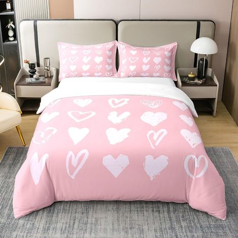 Amour Amour 100% Coton Housse De Couette 240x260cm Romantique Parure De Lit 100% Coton Garçon Décoration Chambre d'enfant Fille Rose Blanc Coeur Imprimé Léger Literie - 240 x 260 cm + 2 taies d'oreill (1/5)
