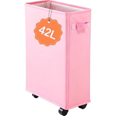Schmaler Wäschekorb 42L mit Rollen & Bremse, faltbar, 600D Oxford, Rosa (1/5)