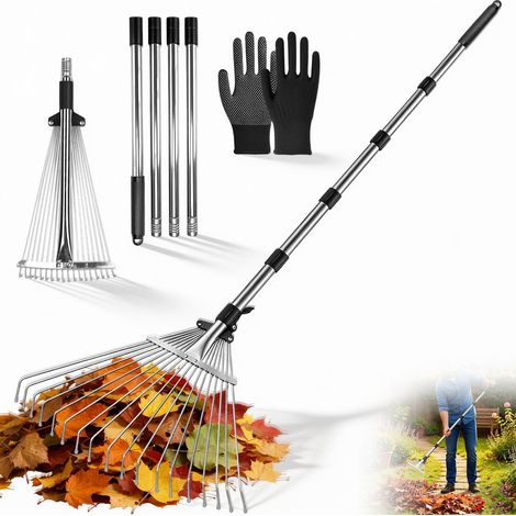 Râteau à Feuilles en métal réglable, avec Largeur Ajustable de 22 à 44 cm et Manche télescopique de 210 cm, Idéal pour Nettoyer Les Feuilles mortes, Les débris de Jardin et Les terrasses (1/5)