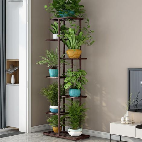 Présentoir à Plantes Intérieur/Extérieur, 7 Étagère, 8 Pots, Support Plantes, Pour Patio, Jardin, Salon, Cuivre Doré 41x22x126 cm (1/5)