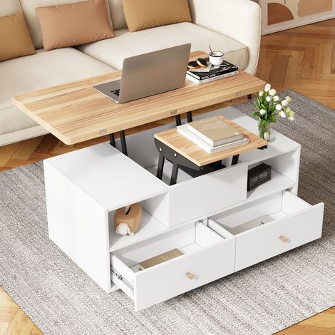 DESMIU Table Basse Relevable avec 4 Tiroirs et Niches de Rangement pour Salon 100 × 50 × 47,5 cm (1/5)