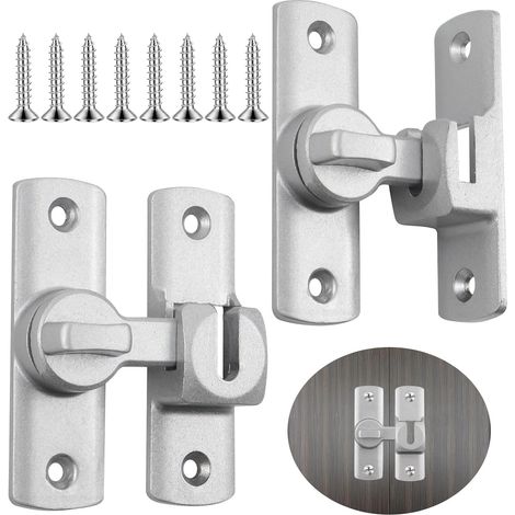 2 Pièces Loquet Porte Interieure, 90/180 Degrés Verrou Porte Coulissante avec Vis, Alliage D'aluminium Loquets et Verrous de Portes pour Portes, Fenêtres, Meubles et Clôtures (Argenté)