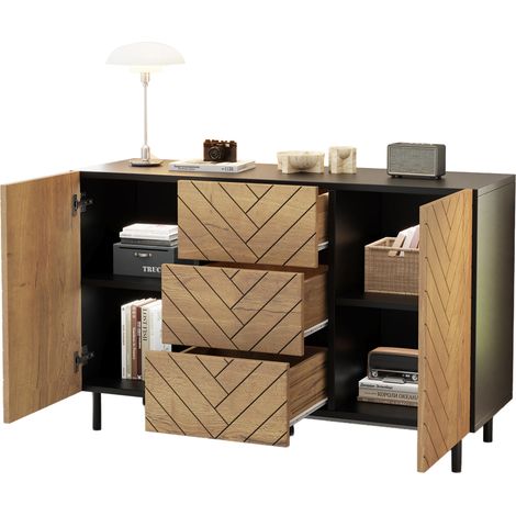 ELVMI Aparador con 3 Cajones y 2 Armarios para Salón, en Tablero de Partículas, 120 x 40 x 76 cm, Negro y Madera (1/5)