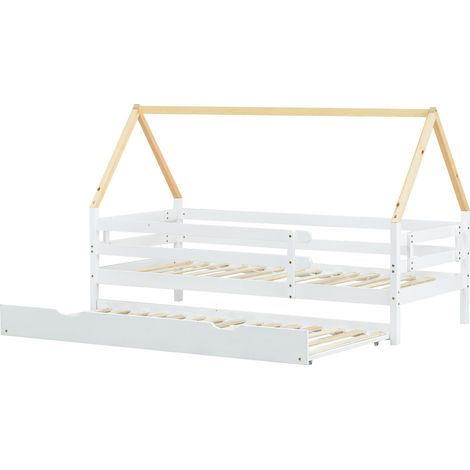 Letto casetta per bambini bianco con letto estraibile su ruote 90 x 200 cm legno naturale (1/5)