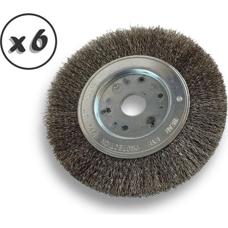 Lot de 6 brosses circulaires INOX Ø 150 mm Epaisseur 1 rang Fil souple 0.20 mm ondulé Alésage 20 mm + réducteur bague 16/12 mm Touret meuleuse affûteuse ponceuse Kibros 215151IVx6