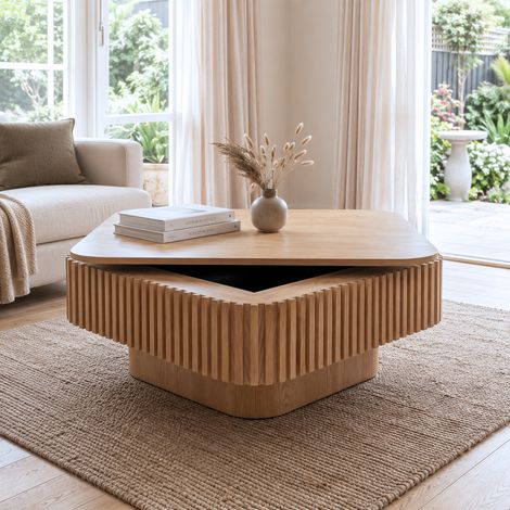 Table basse carrée 75x75x35 cm avec rangement caché, design cannelé effet bois naturel, plateau amovible, table de salon moderne en bois, naturel