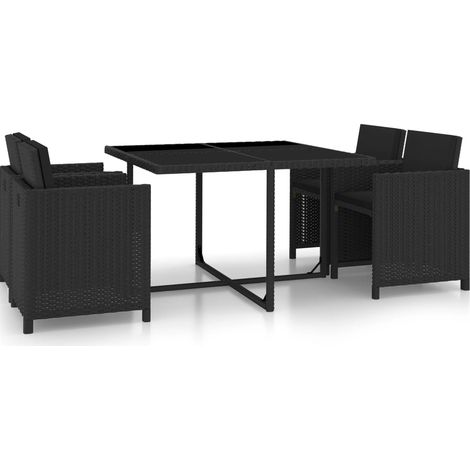 5-tlg. Garten-Essgruppe mit Auflagen Poly Rattan Schwarz