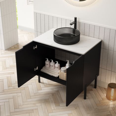 Meuble lave-mains sur pied 76 cm en MDF et pierre frittée noir et blanc, avec vasque ronde en verre noir transparent (1/5)