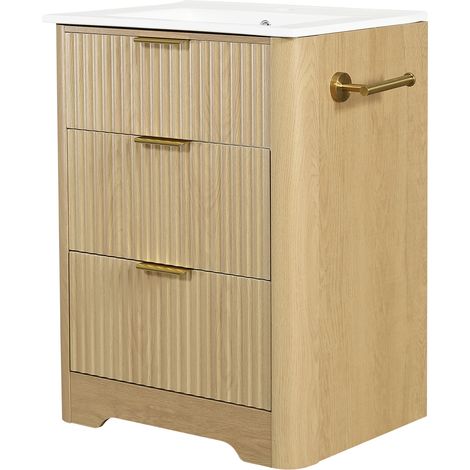 Mobile bagno con lavabo in ceramica 61 cm effetto legno con 2 cassetti e porta carta (1/5)