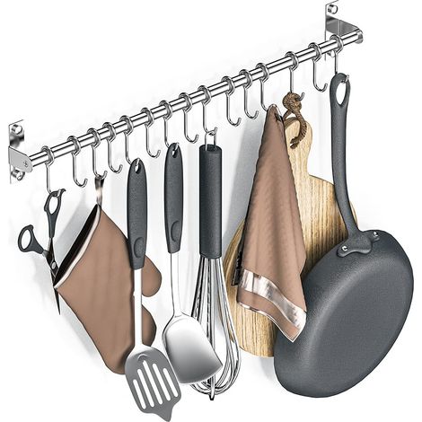 Barre De Suspension Acier Inoxydable - 60 Cm - 15 Crochets Mobiles - Rangement Cuisine Mural (1/5)